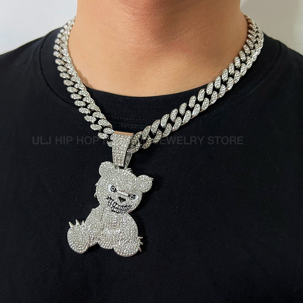 Men Women Iced Out Brown Bear Pendant Necklace With 13mm Miami Cuban Link Chain Men's Necklaces Choker Collar Hip Hop