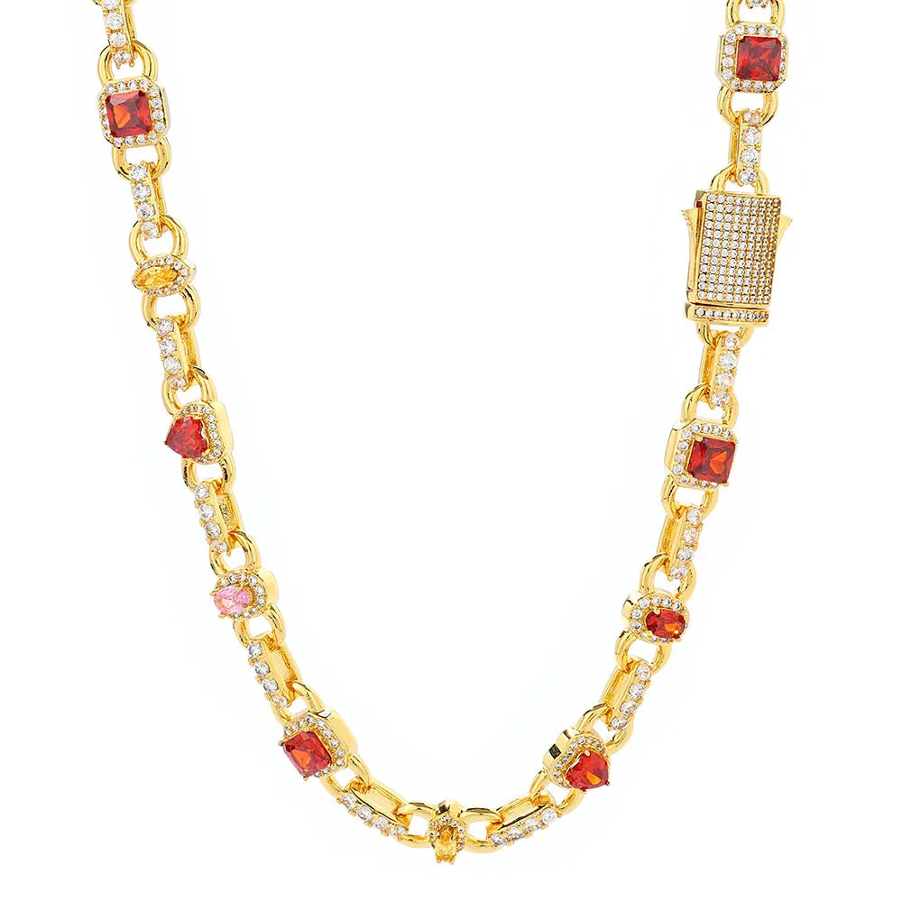 Gold Iced Out Heart Cuban Chain Necklace Colorful