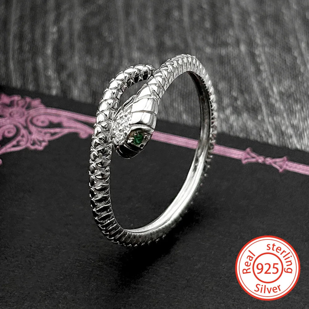 Snake Silver Ring Sterling Green Zircons Eye Matte