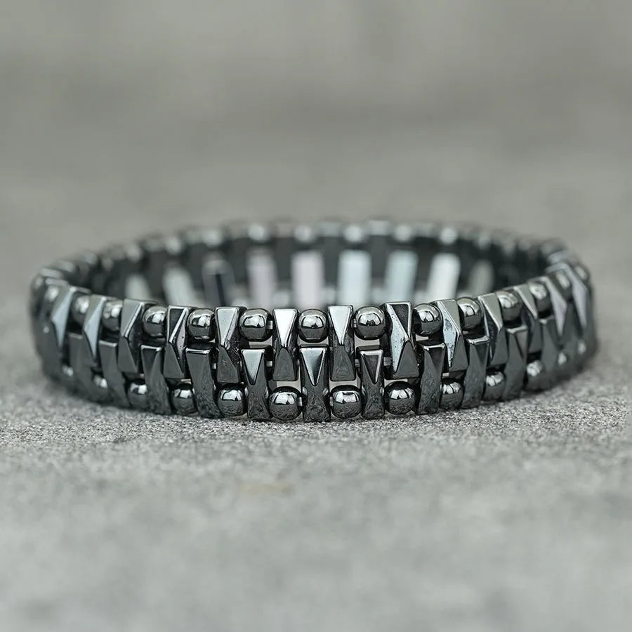 Geometric Hematite Bracelet for Men Biker Jewelry Grey Metal Energy Stone Therapy Punk Style Bangle for Him