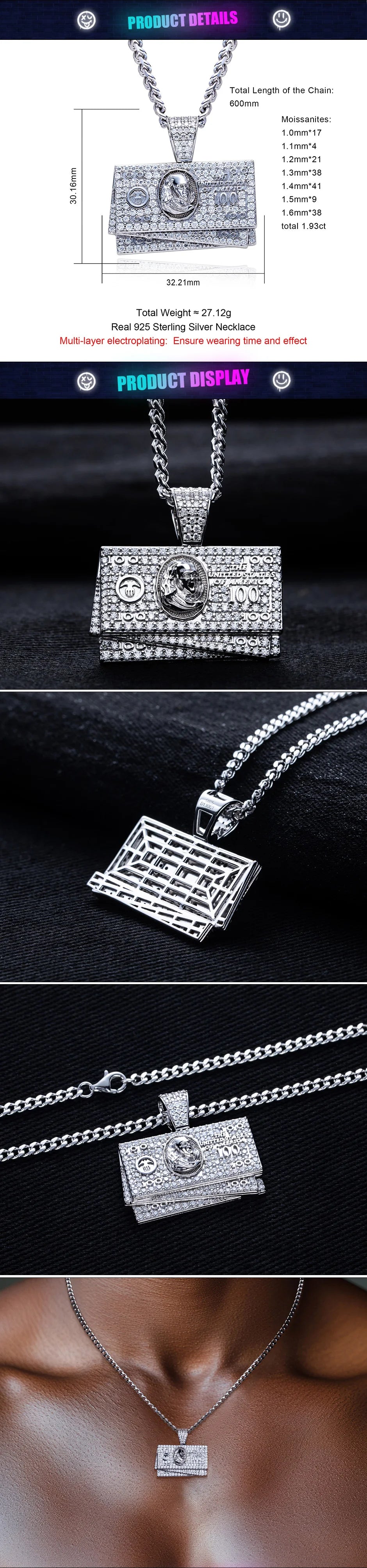 Iced Out Dollar Bill Pendant — 925 Silver