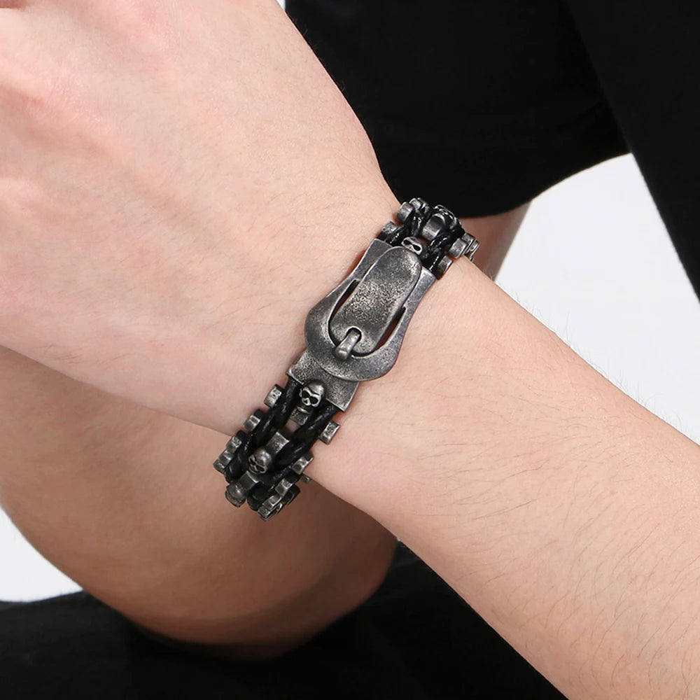Biker Men‘s Bracelet Punk Braided Leather With Skull Lion Head Buckle Rope Cool Hip Hop Stainless Steel Jewelry Gift