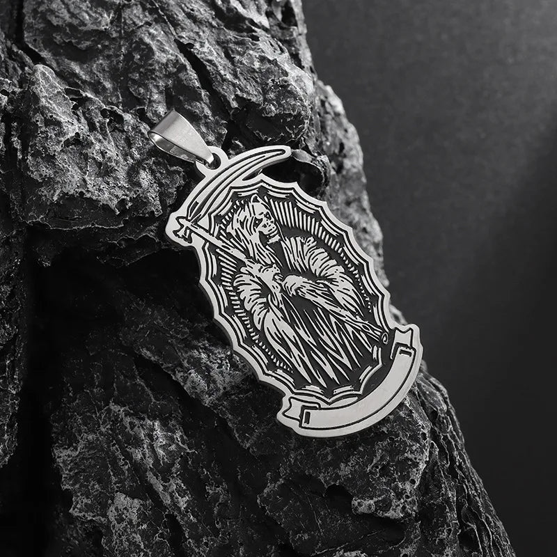 Retro Punk Stainless Steel Holy Death Skull Scythe Pendant Necklace for Men  Gothic Jewelry Halloween Gifts