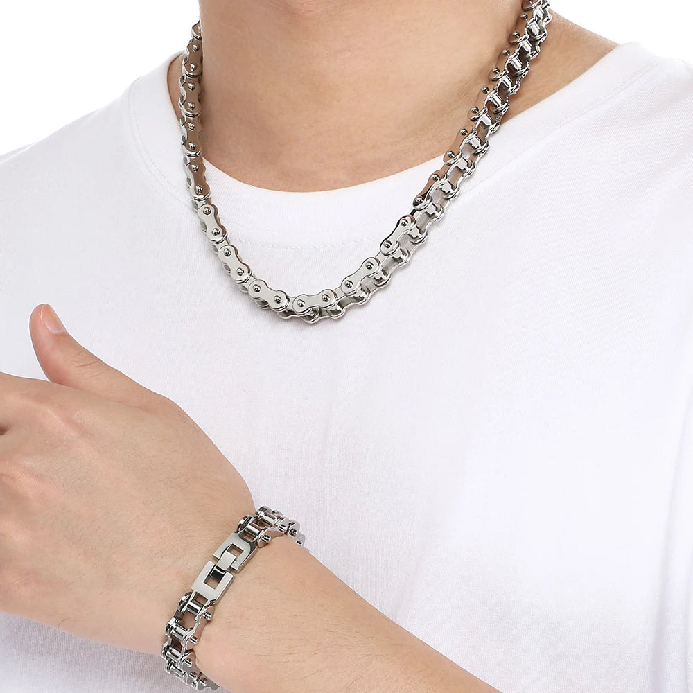 Bike Chain Necklace Bracelet Set for Man Punk Rock Stainless Steel Motorcycle Bracelets Choker Men Vacuum Plated