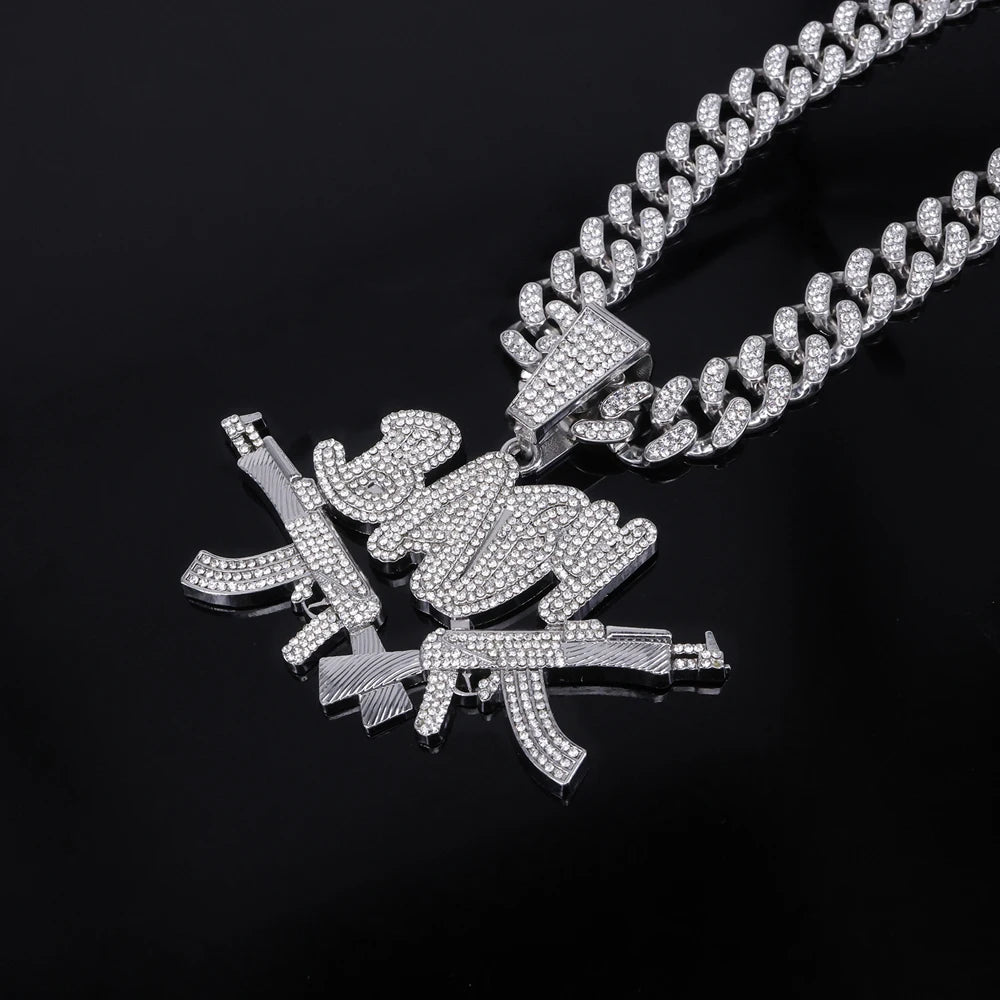New Men Hip Hop Iced Out Bling AK47 Gun Pendant Necklace with 13mm Miami Cuban Chain HipHop Letter BABY Necklace Fashion Jewelry