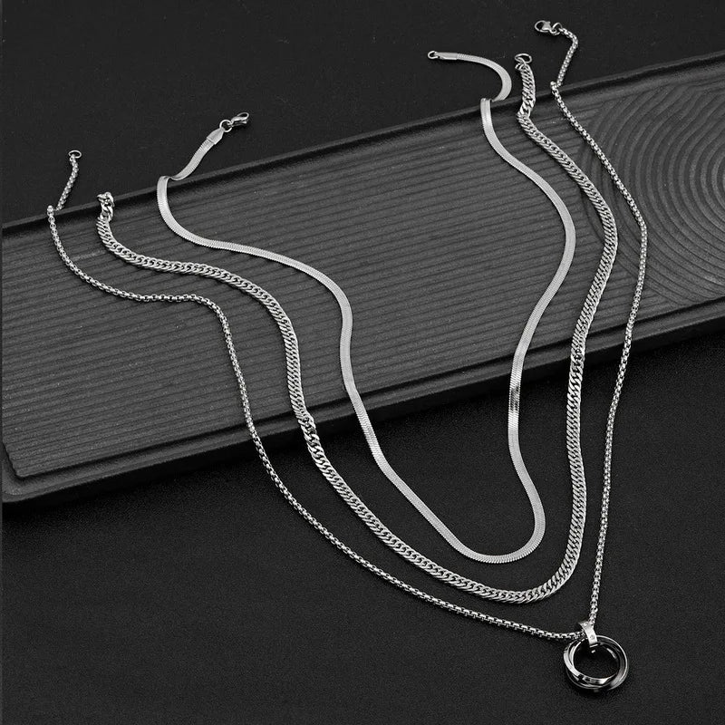 Interlocking Ring Herringbone Cuban Necklace — Stainless Steel