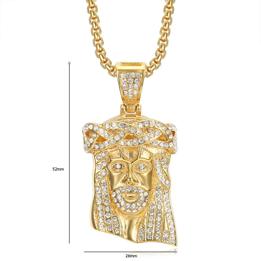 Religious Iced Out Bling Christ Jesus Head Pendant Stainless Steel Cubic Zirconia Christian Necklace for Women Men