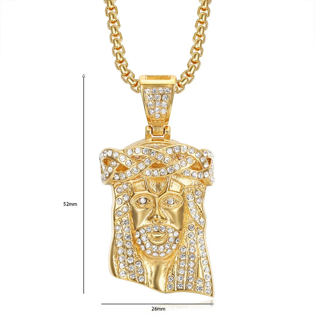 Religious Iced Out Bling Christ Jesus Head Pendant Stainless Steel Cubic Zirconia Christian Necklace for Women Men