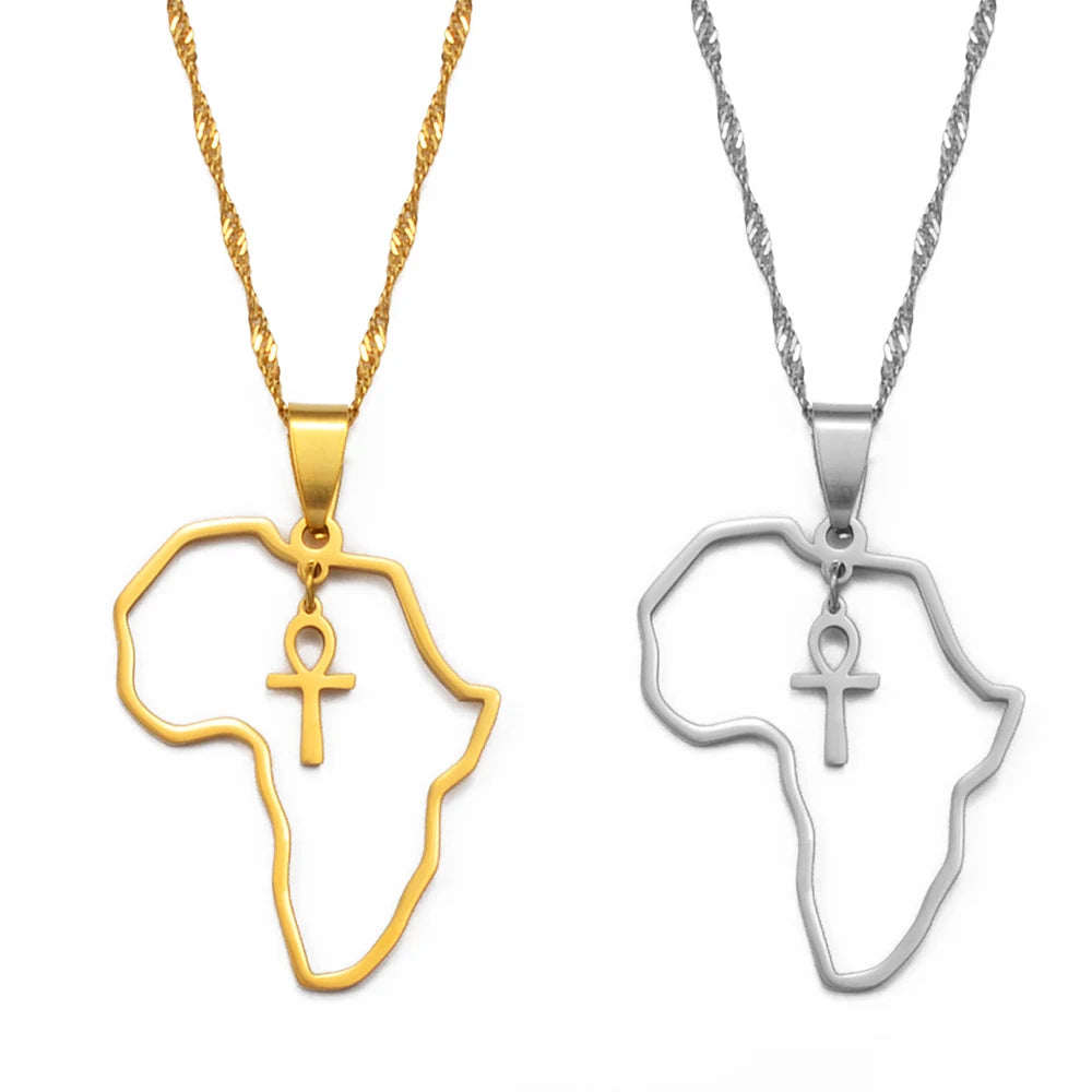 Egyptian Ankh Cross Africa Map Necklace — Stainless Steel