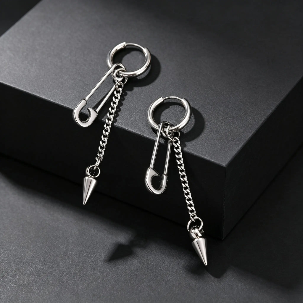Safety Pin Rivet Chain Tassel Dangle Earrings — Stainless Steel