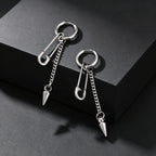 Hip-hop Punk Safety Pin Rivet Dangle Earrings for Men, Silver Color Stainless Steel Chain Tassel Earrings, Creative Jewelry