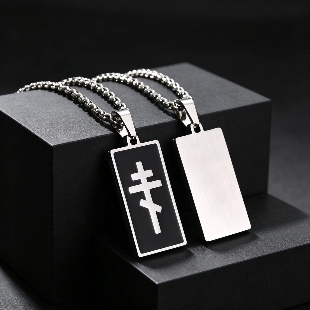 Orthodox Church Cross Necklace — Black Enamel, Stainless Steel