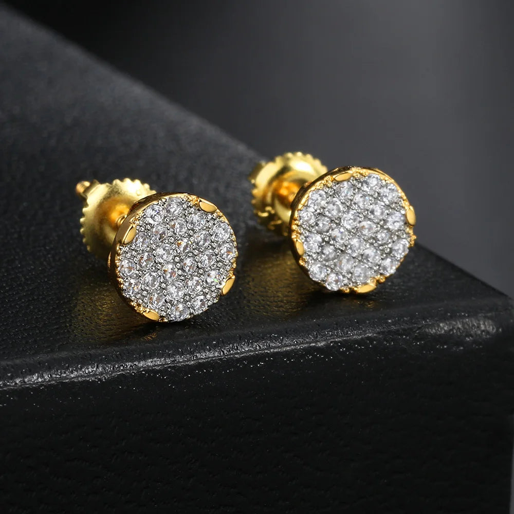 Iced Out Zircon Screw Stud Earrings — Gold