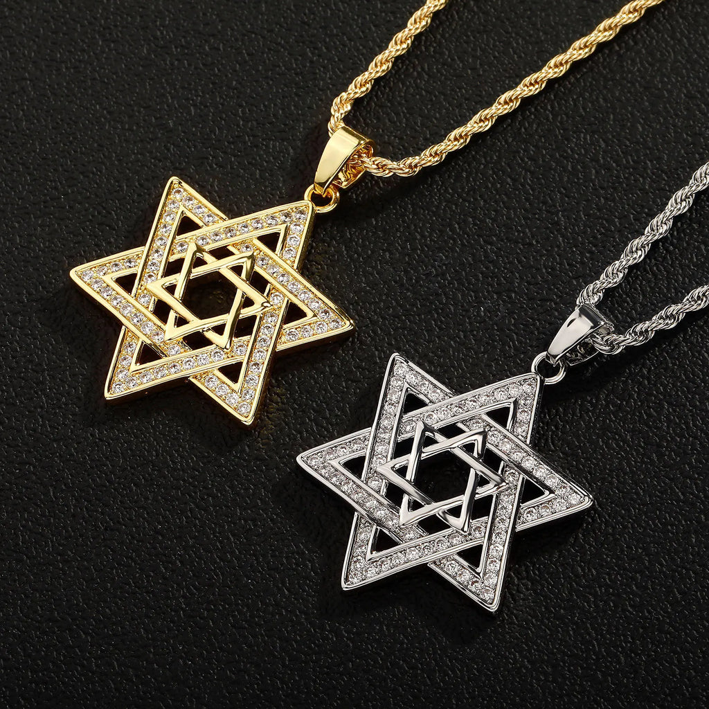 Gold Iced Out Hexagon Pendant Rope Chain Necklace