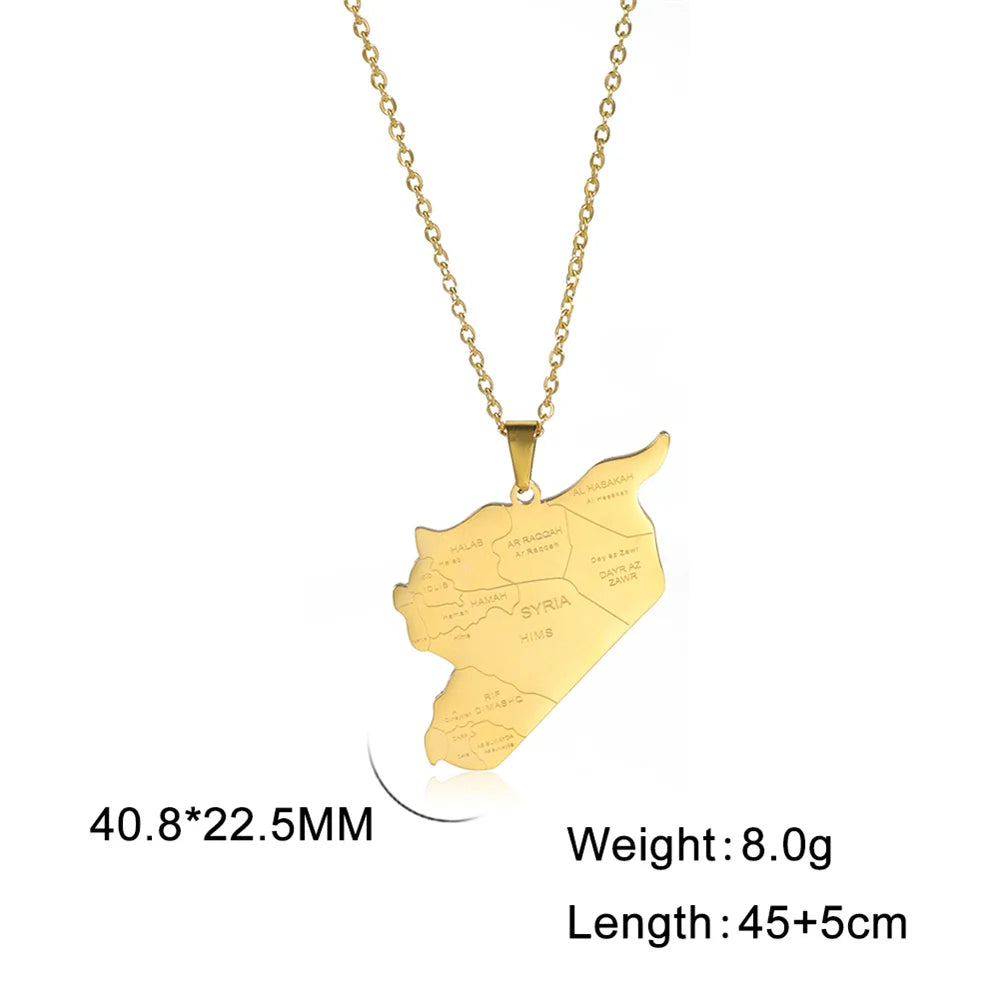 Cazador Stainless Steel Syria Map Pendant Necklace Country City Geography Chain Necklaces for Women Men Jewelry Gift Wholesale