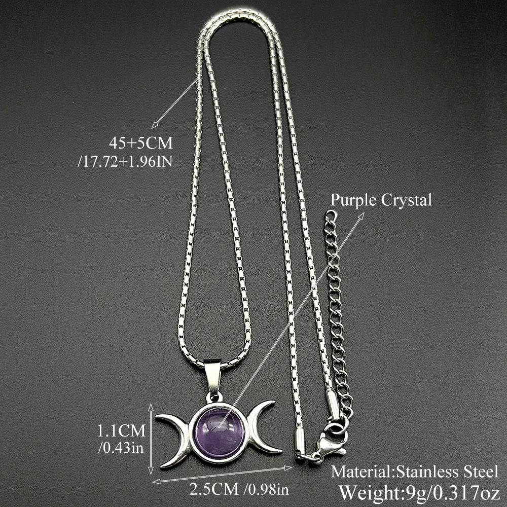 Moon Gold Pendant Witchcraft Triple Amethyst Wicca