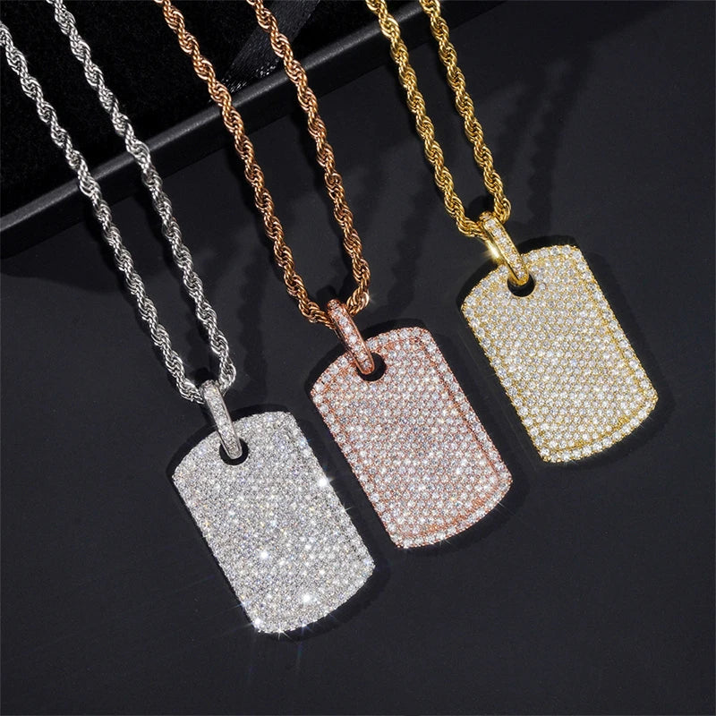 Iced Out Dog Tag Pendant Necklace — Rose Gold