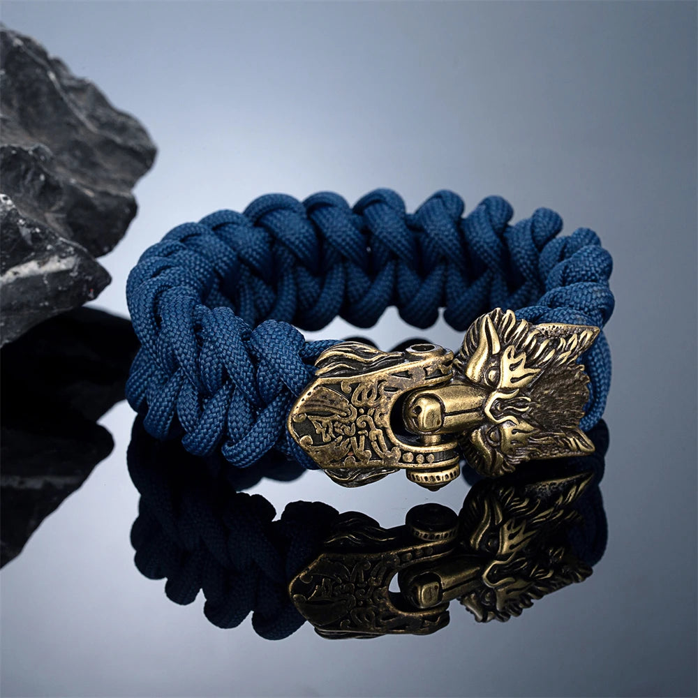 Viking Wolf Paracord Bracelet — Norse Runes, Steel Clasp