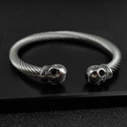 New Fashion Bracelet for Men Double Skull Bangles Open Cuff Bracelets Stainless Steel Braided Wrap Bangle Jewelry Pulsera