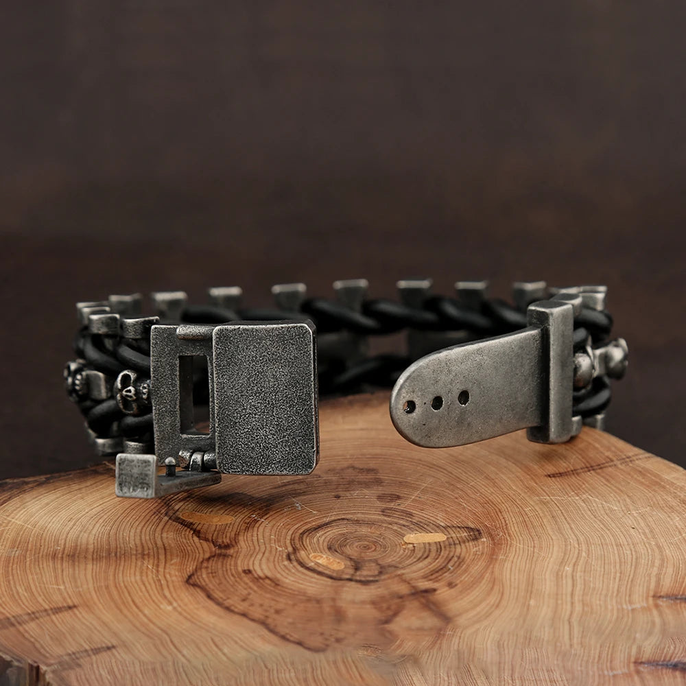 Skull Leather Bracelet Black — 316L Stainless Steel