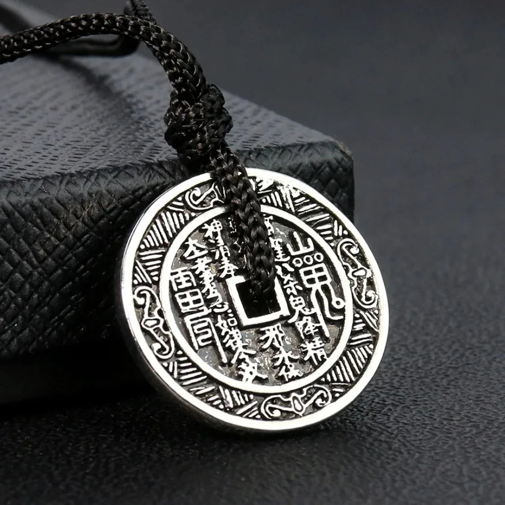 Metal Chinese-style Antique Coin Necklace Yin-Yang Bagua Tai Chi Rune Pendant Peaceful Evil-repelling Demon-warding