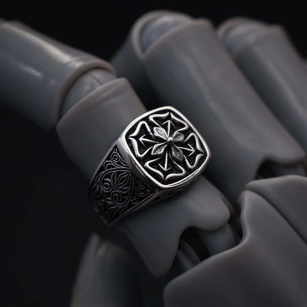 Retro "Floral Edge" Four-leaf Clover Adjustable Open Ring For Men Silver-plated Copper Gothic Punk Edgy Jewelry