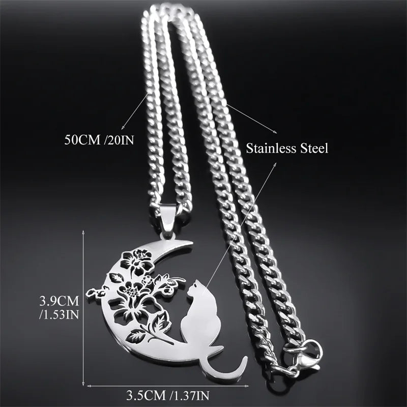 Wicca Moon Cat Pendant — Stainless Steel
