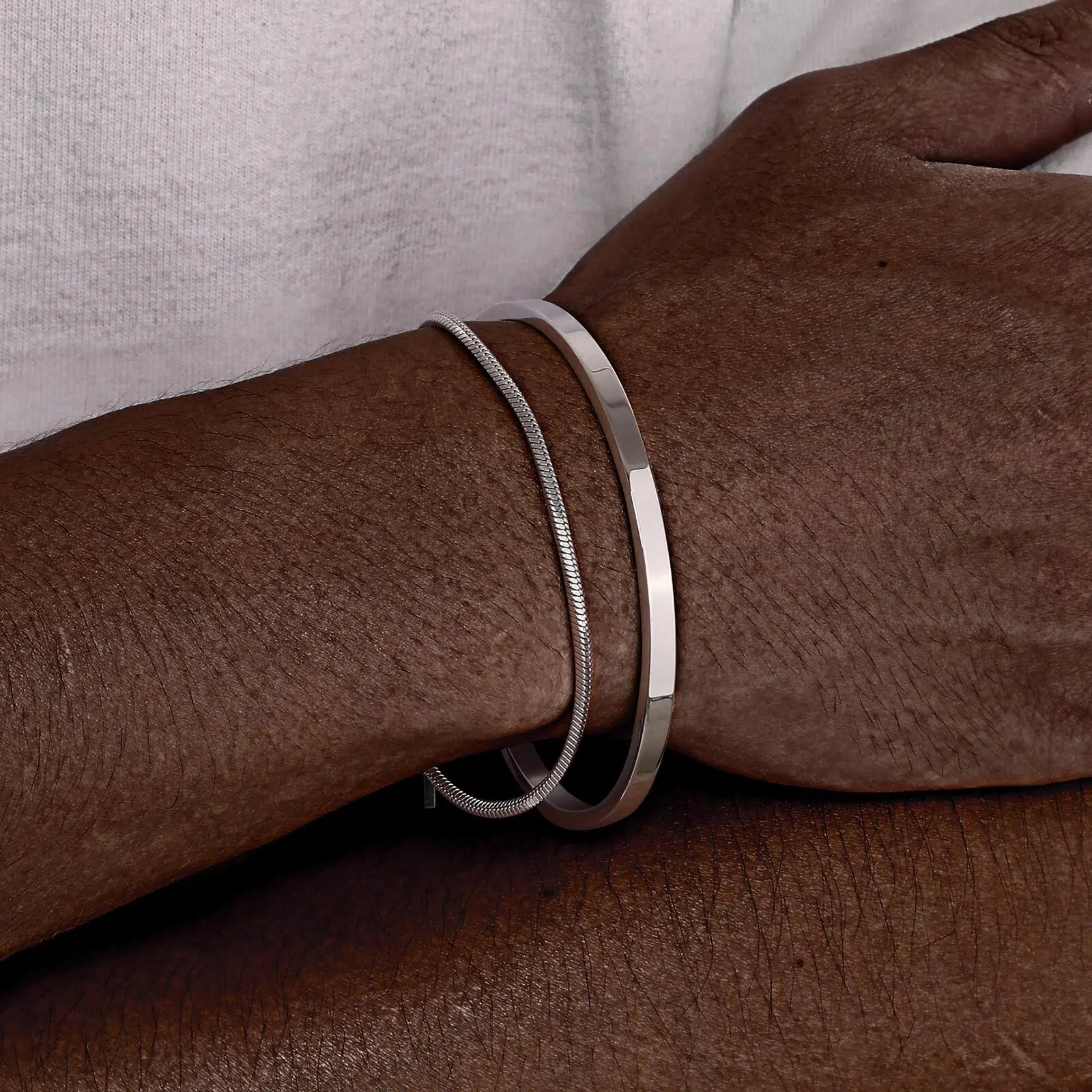 Minimal Chain Link Cuff Bracelet Set — Stainless Steel