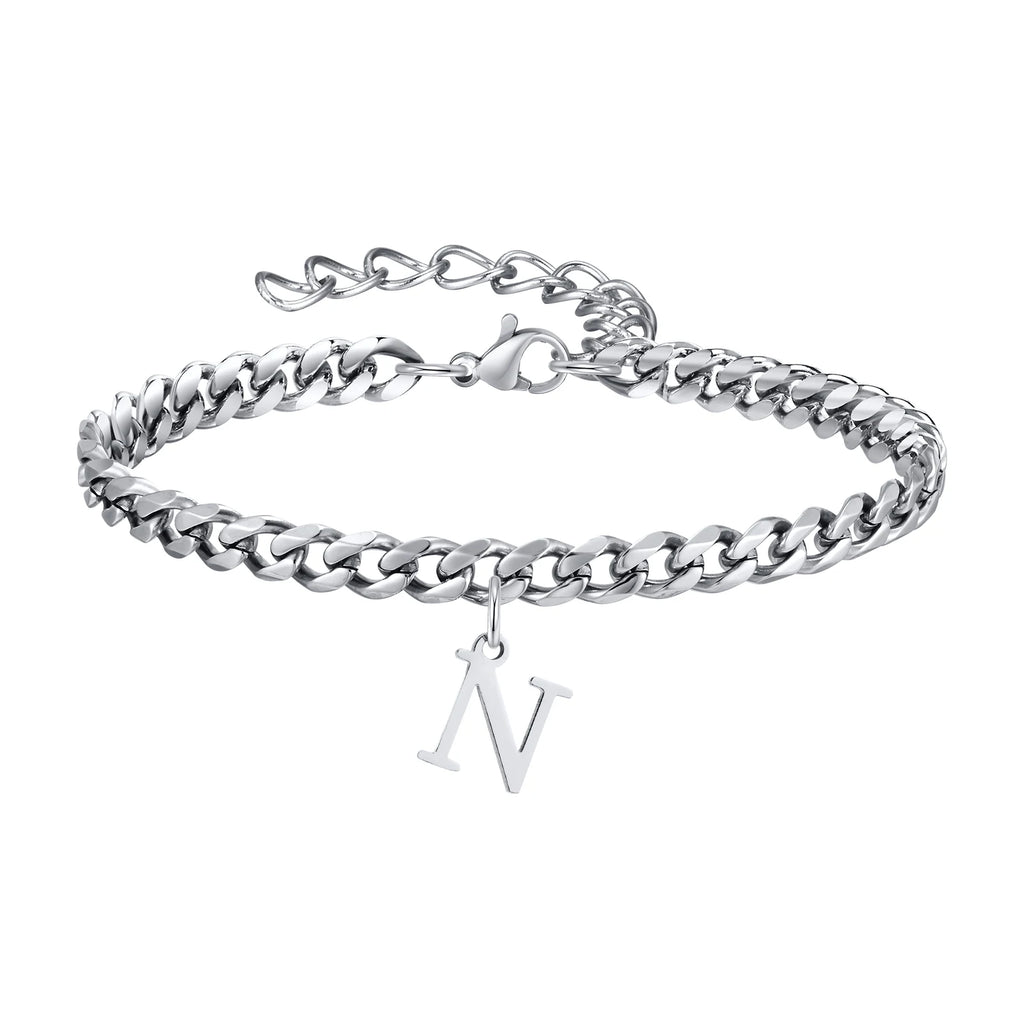 Vnox A-Z Initial Bracelets for Men Women, Never Fade Silver Color Stainless Steel Cuban Chain Bracelet with 26 Letter