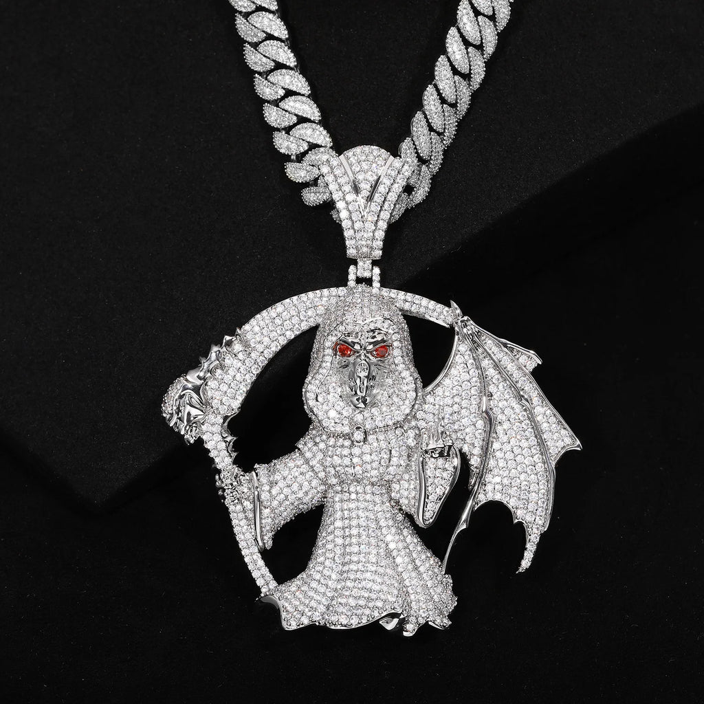 High Street Full Diamond Grim Reaper Pendant Necklace Plated Hip Hop Outfit Trendy Accessory For Men Women