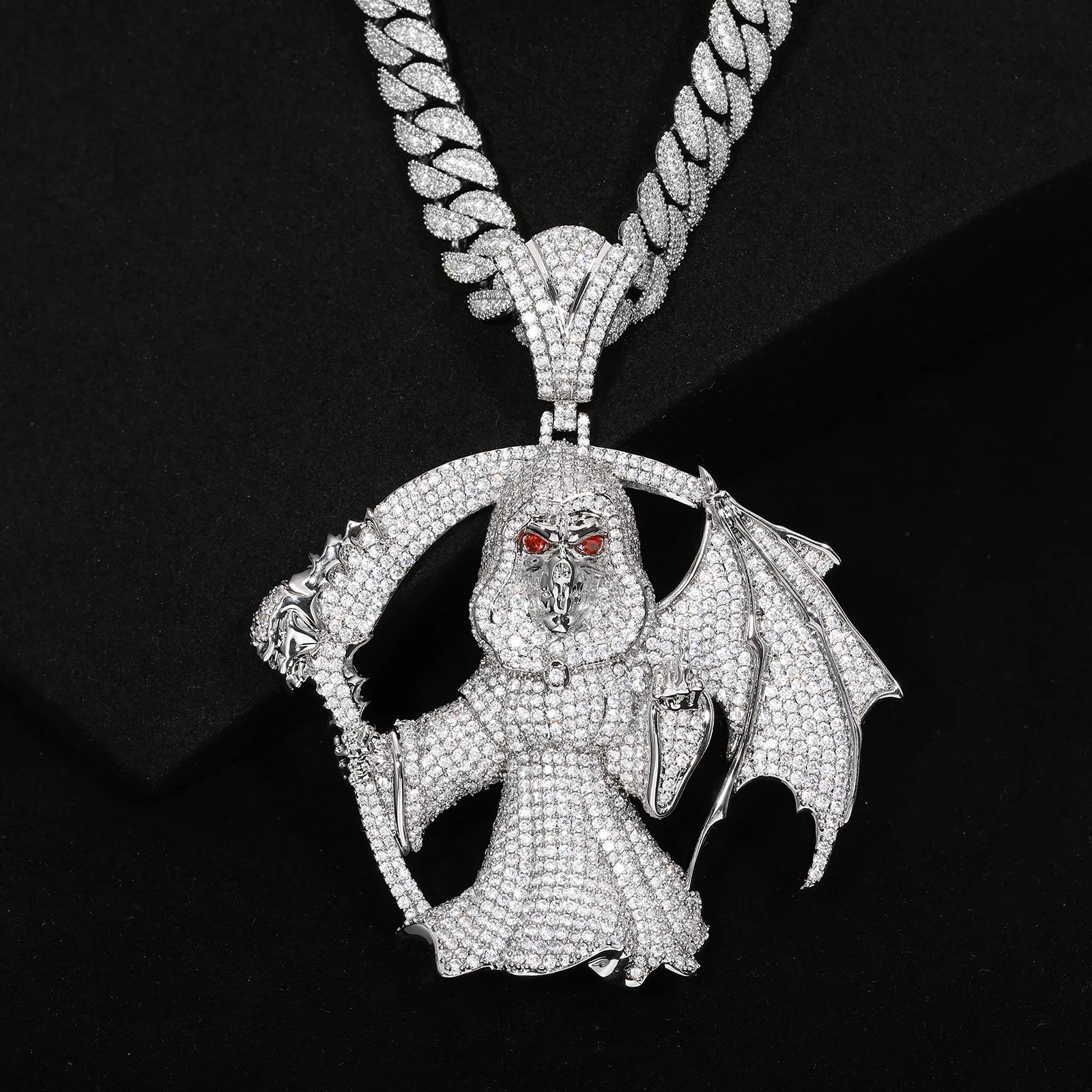 High Street Full Diamond Grim Reaper Pendant Necklace Plated Hip Hop Outfit Trendy Accessory For Men Women