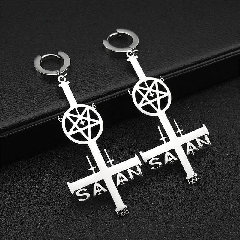 Cross Silver Earrings Satan Inverted Pentagram