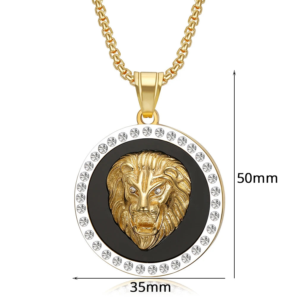 Iced Out Lion Head Round Pendant — Gold