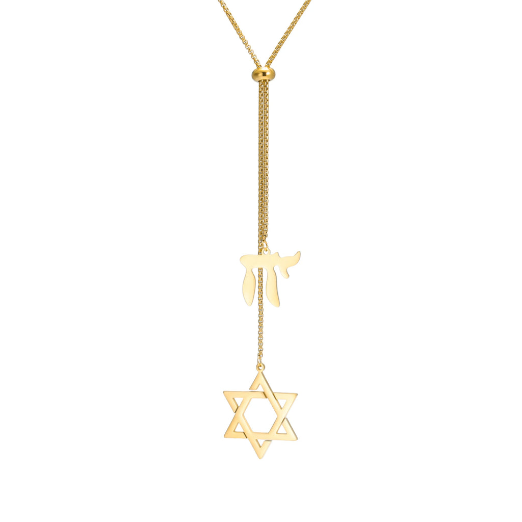 Star of David Chai Double Pendant Long Necklace — Stainless Steel