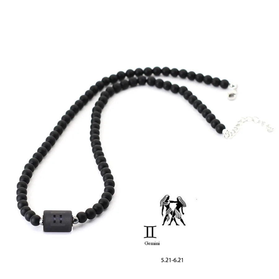 Fashion 12 Constellations Beaded Necklace Men Natural Black Onyx Stone Beads 48cm Short Collar Jewelry Leisure Party Homme Joias