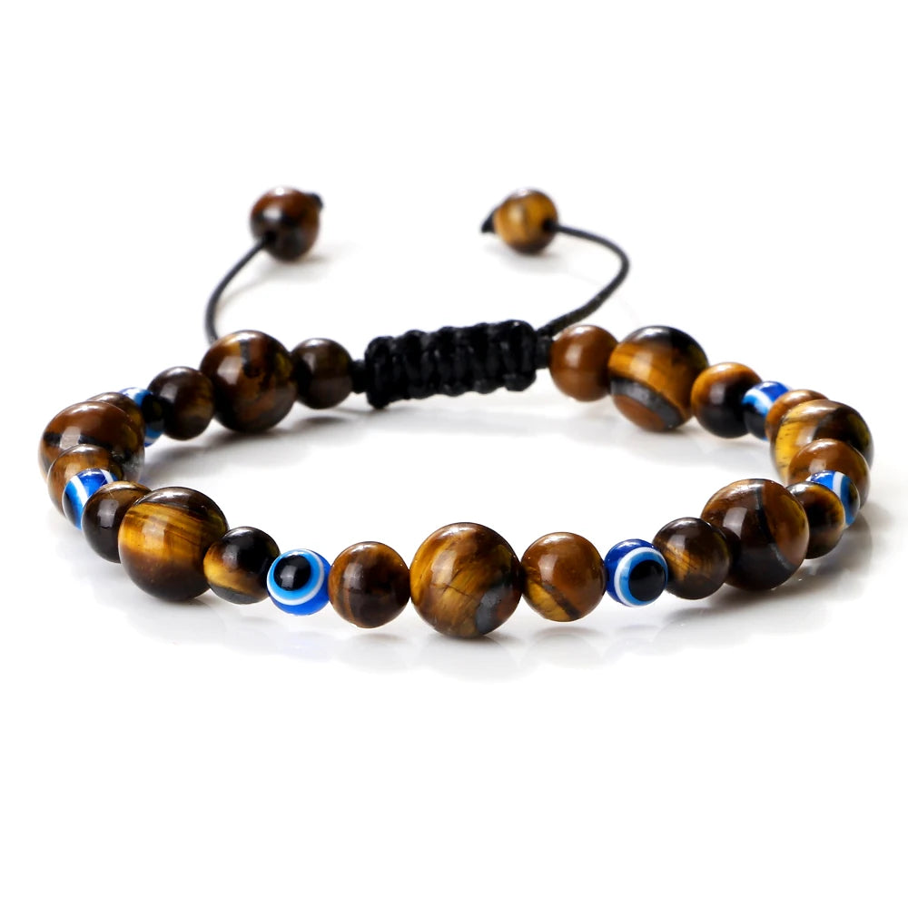 6 8mm Natural Stone Beads Bracelet for Women Men Blue Turkish Evil Eye Braided Chain Bangle Lucky Couple Jewelry Gift