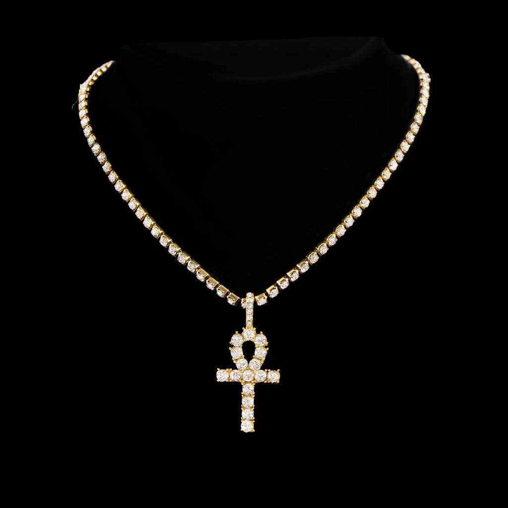 2Pcs Punk Crystal Cross Ankh Tennis Chain Iced Out Prong Cuban Link Chain Necklace For Men Women Rapper Necklaces