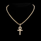 2Pcs Punk Crystal Cross Ankh Tennis Chain Iced Out Prong Cuban Link Chain Necklace For Men Women Rapper Necklaces