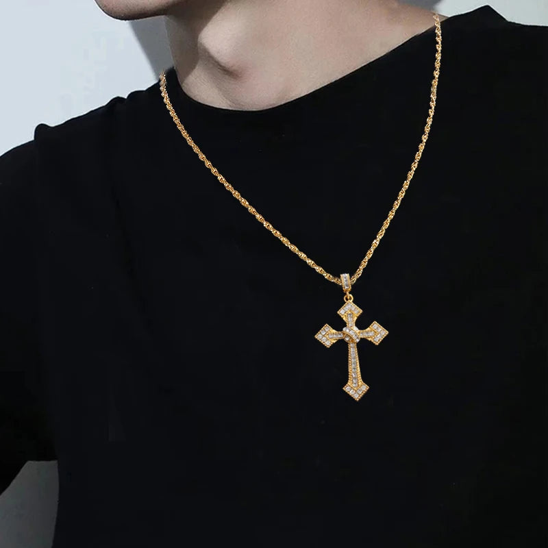 Gold Iced Out Cross Pendant Necklace O-Chain
