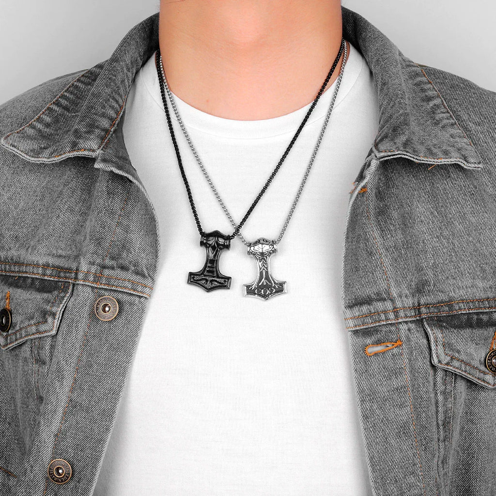 Stainless Steel Thor's Hammer Men Necklaces Pendants Chain Punk Trendy for Boyfriend Male Jewelry Creativity Gift