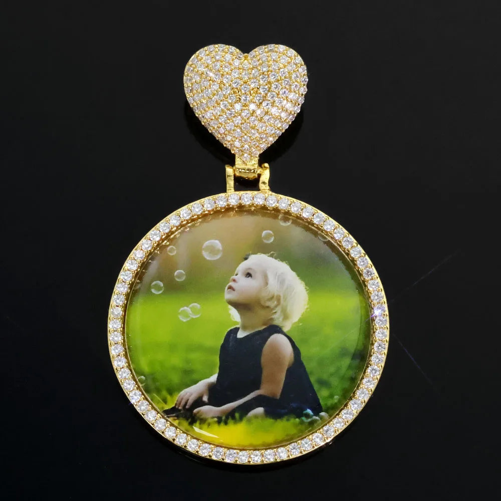Gold Heart Photo Pendant Necklace 18K Iced Out