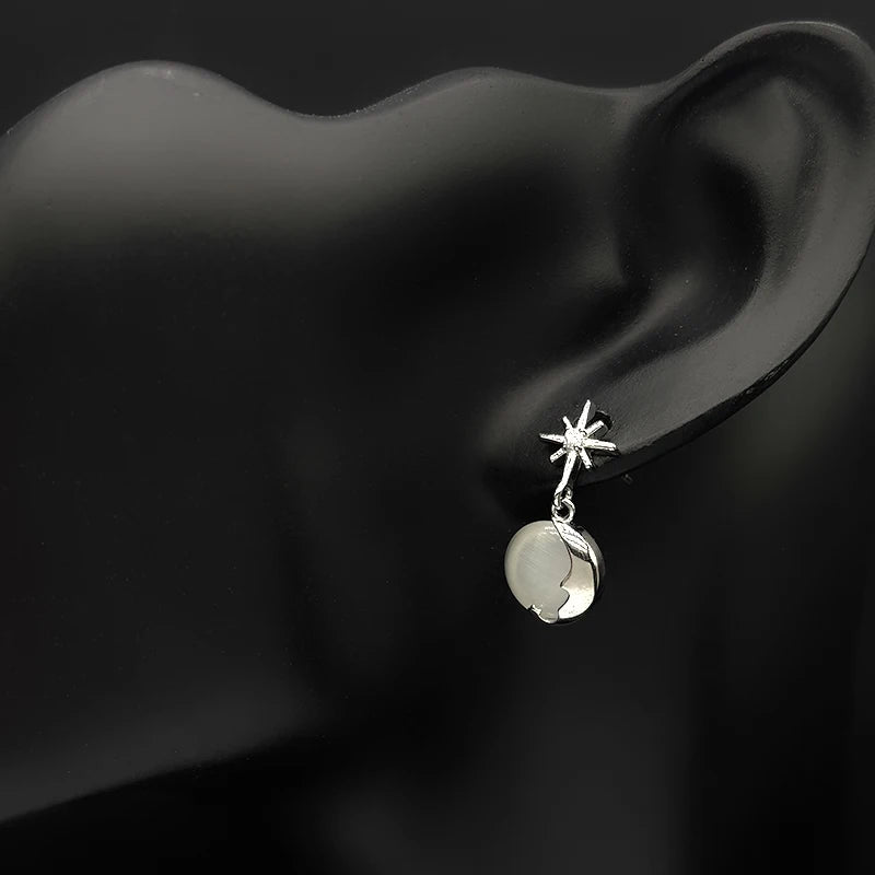 Star Moon Silver Earrings Sterling Zircon Starburst