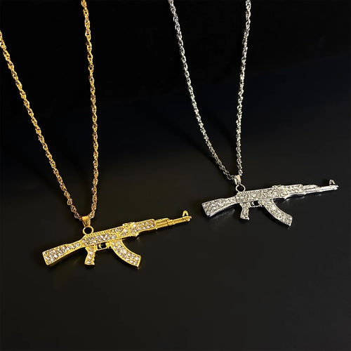 ZAKOL Hiphop&Rock AK47 Rifle&Gun Pendant Necklaces For Men Women Crystal Metal Clavicle Chain Choker Party Daily