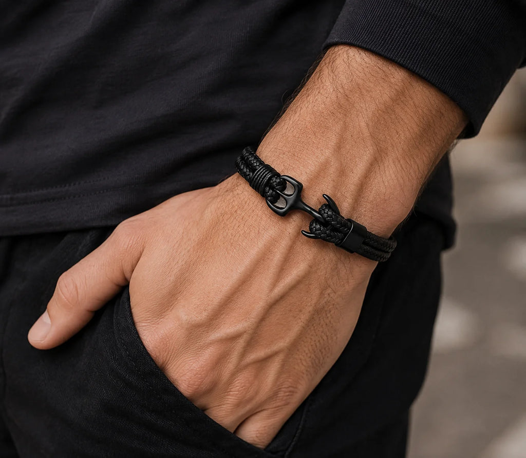Nautical Anchor Woven Leather Bracelet — Stainless Steel Buckle