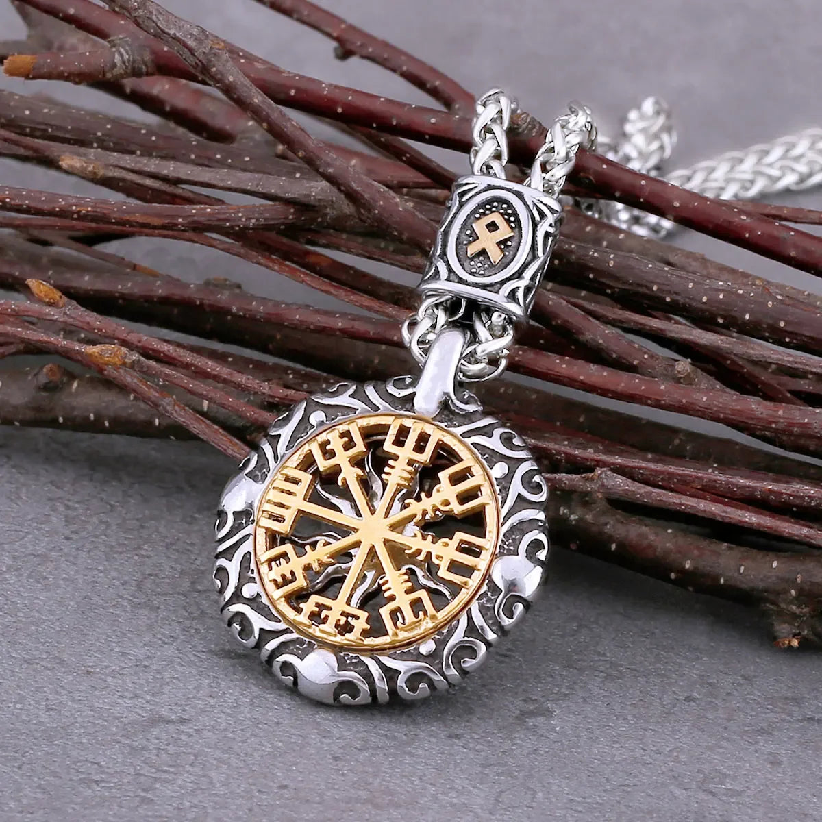 Original Viking Compass Necklace Vintage Stainless Steel Rune Amulet Punk Style Men Women Fashion Mixed Gold Color