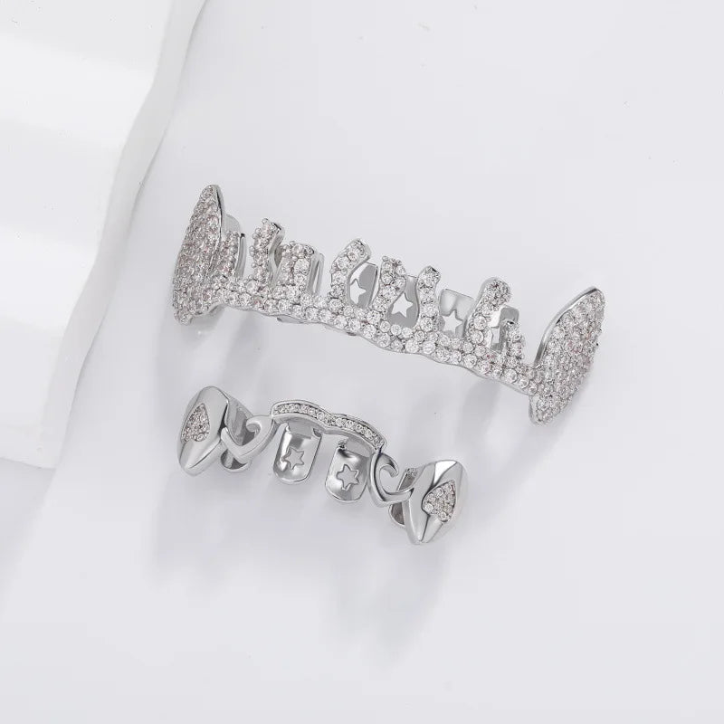 Edgy Trendy Irregular Hollow Star Fangs Teeth Grillz Hip Hop Rapper Street Fashion Halloween Party Wear Novelty Mouth