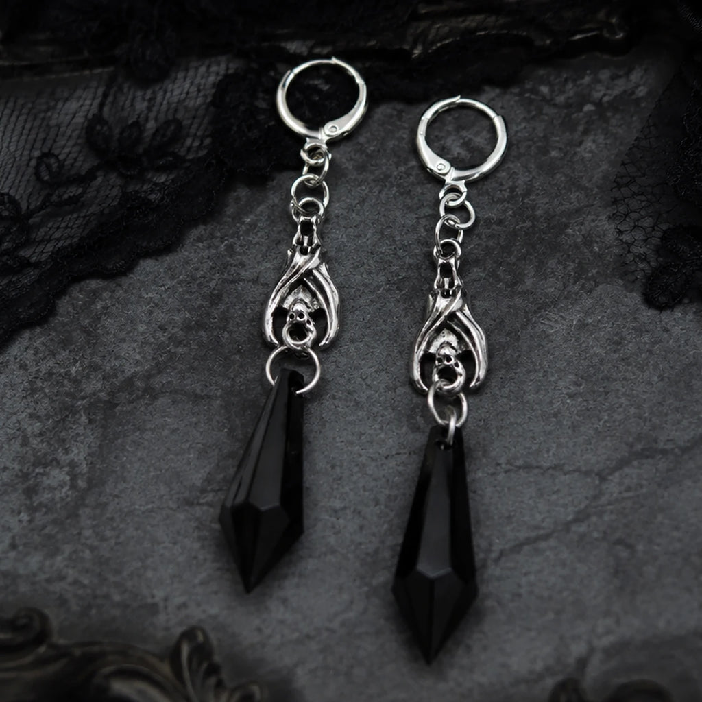 Gothic Bat Dangle Hoop Earrings Black Crystal Spike — Silver-Tone