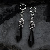 Gothic Bat Dangle Hoop Earrings Black Crystal Spike — Silver-Tone