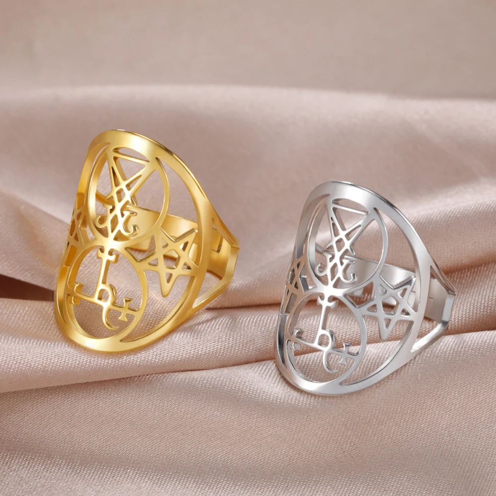 COOLTIME Sigil of Lilith Ring Vintage Stainless Steel Adjustable Pentagram Om Symbol Magic Couple Rings Amulet Jewelry
