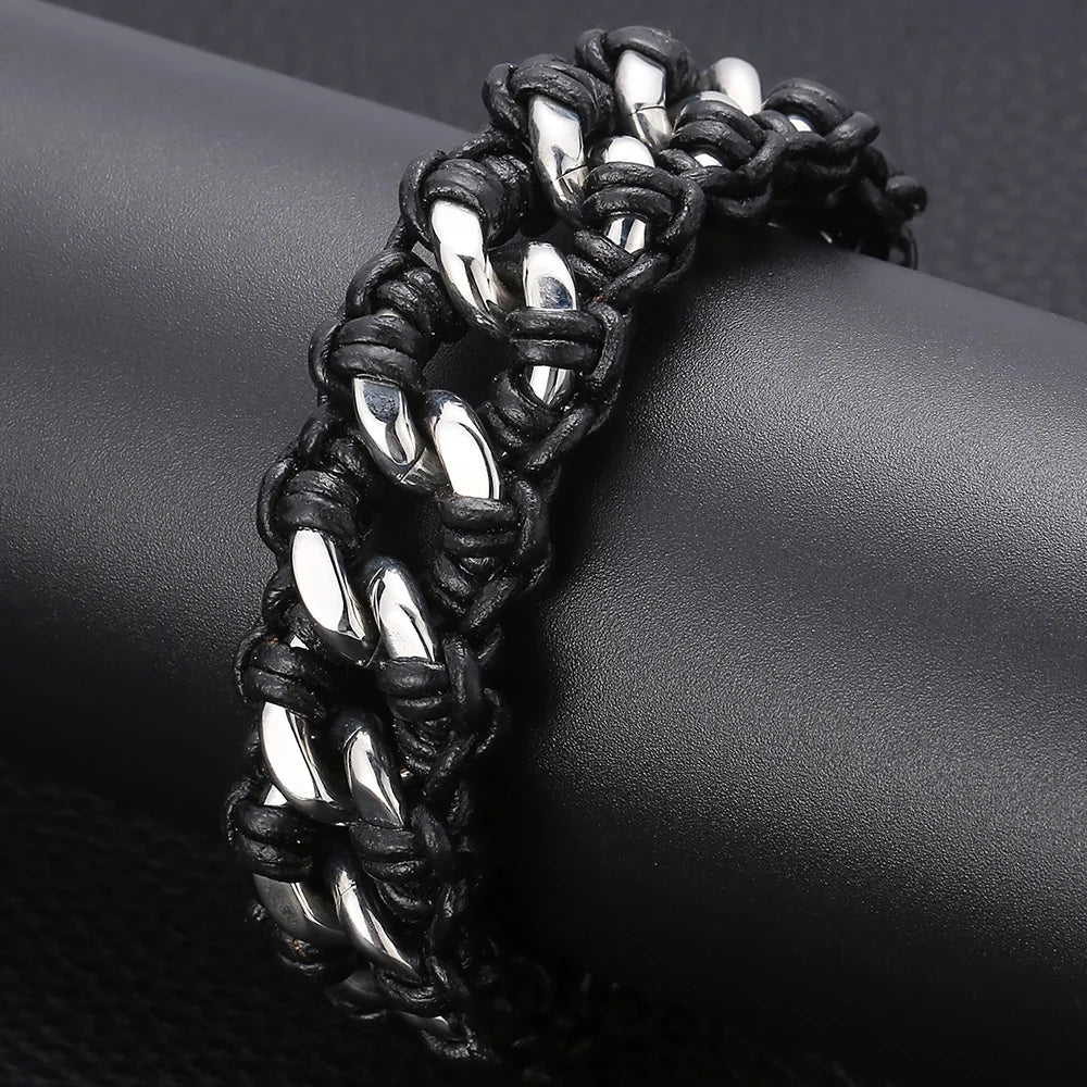 Men's 22MM Polished Stainless Steel Cuban Chain Bracelet for Men Braided Leather Wrap Bracelet Wristband Male Jewelry